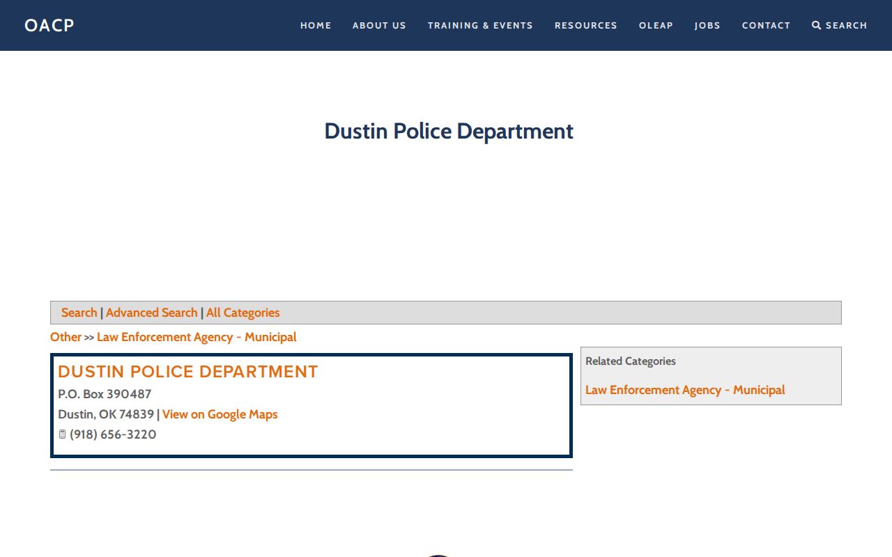 Dustin, Hughes County Police Department arrest-record contact listing