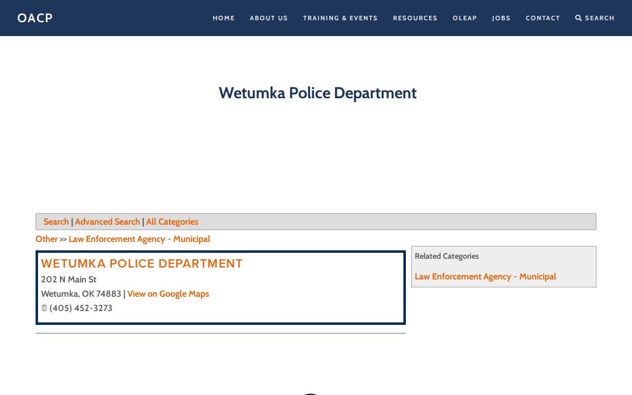 Wetumka, Hughes County Police Department arrest-record contact listing
